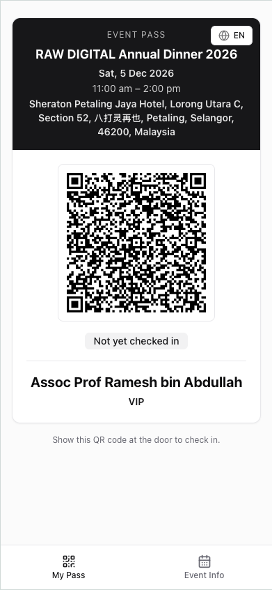 Envite guest pass with a unique QR code for RAW Digital Annual Dinner 2026