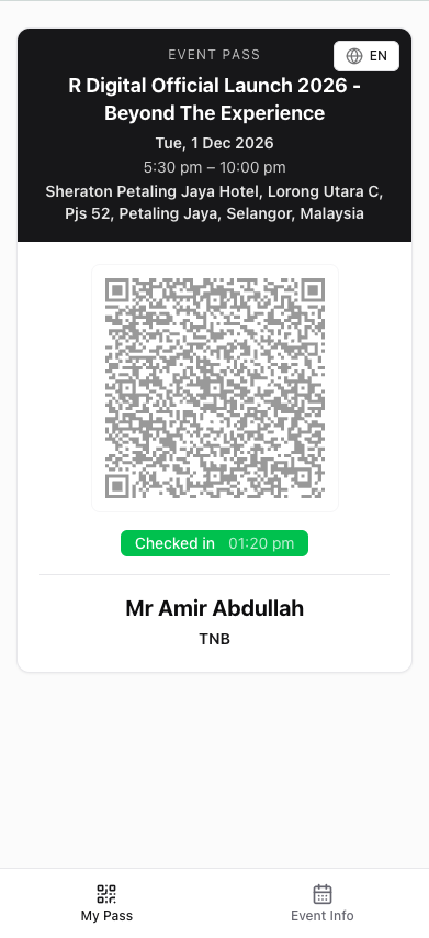 Envite guest pass shown in English
