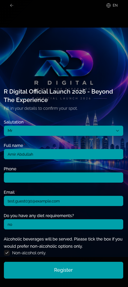 Envite registration screen